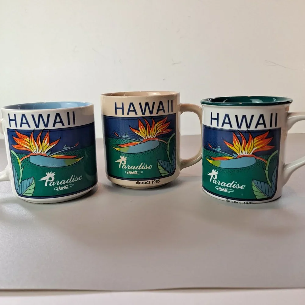 3 Vintage Hilo Hattie Hawaii Coffee Mugs Bird of Paradise Flower 1985